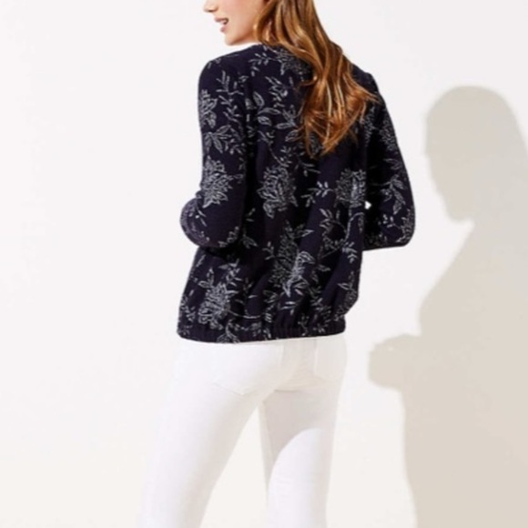 Loft Jacquard Skirt and Sweater Set Textured Dark Blue Floral Cotton blend Sz L - Picture 4 of 15